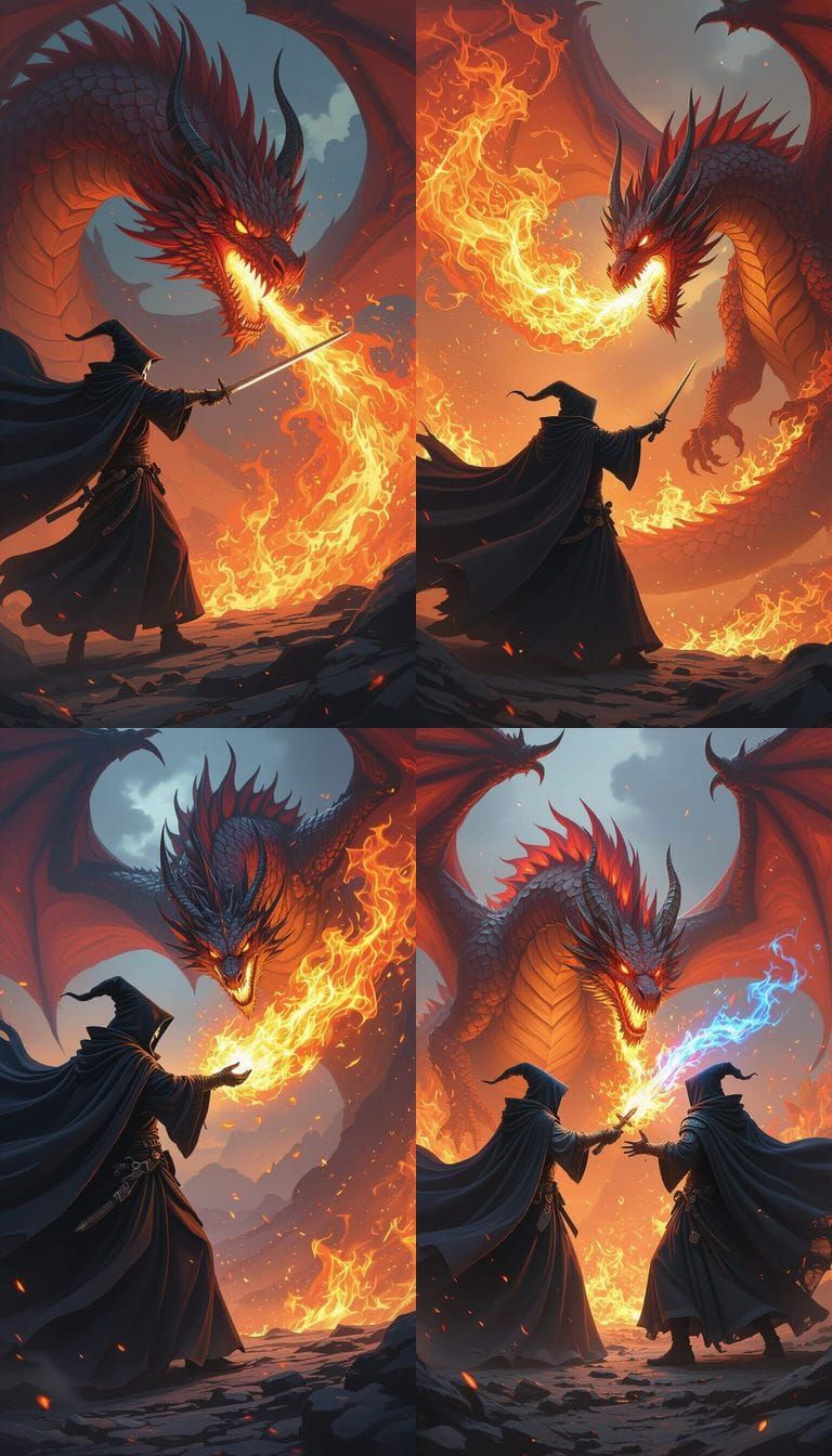 Wizard Duels Fire Dragon in Anime-Inspired Digital Art