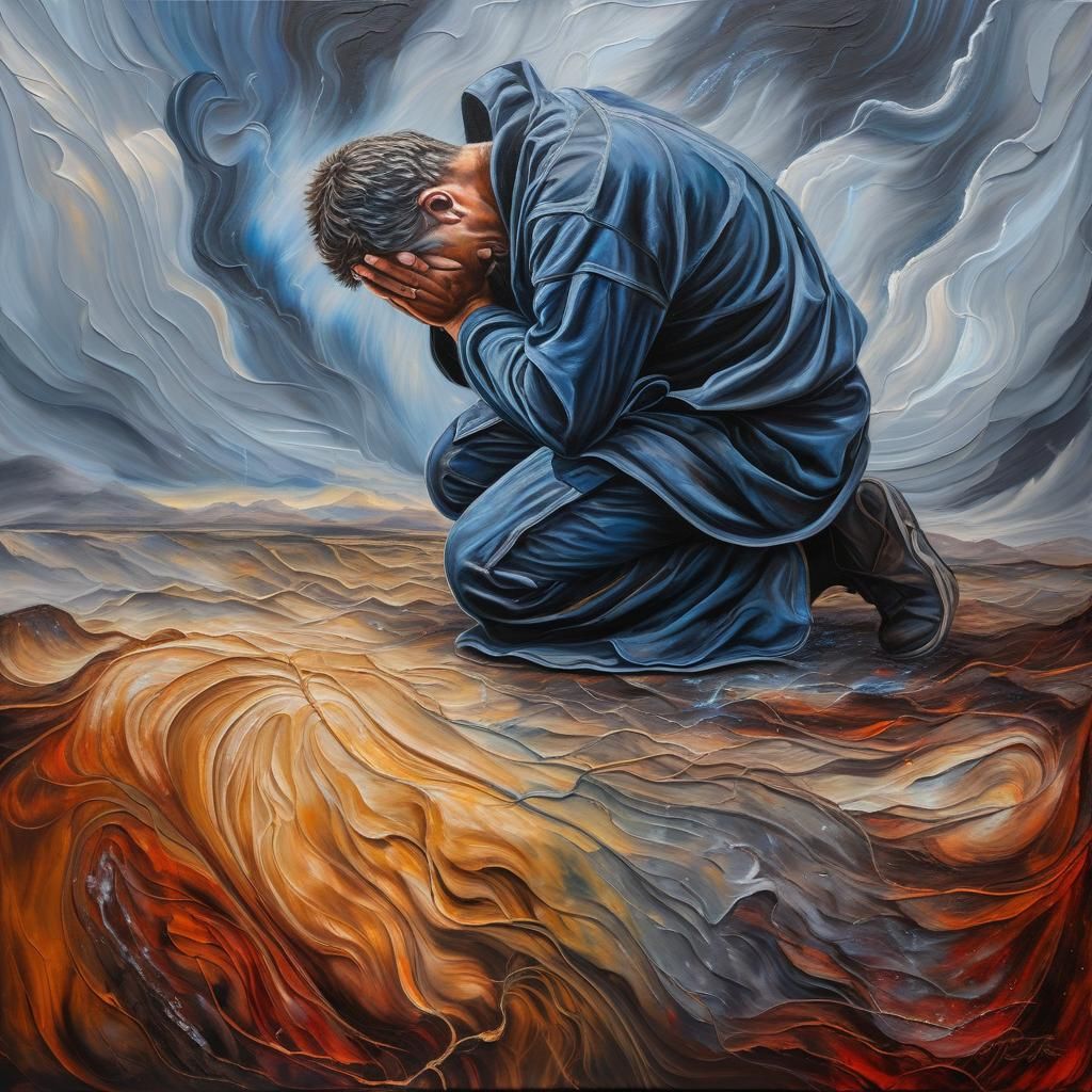 Man Praying in Agony: Impasto Oil Painting