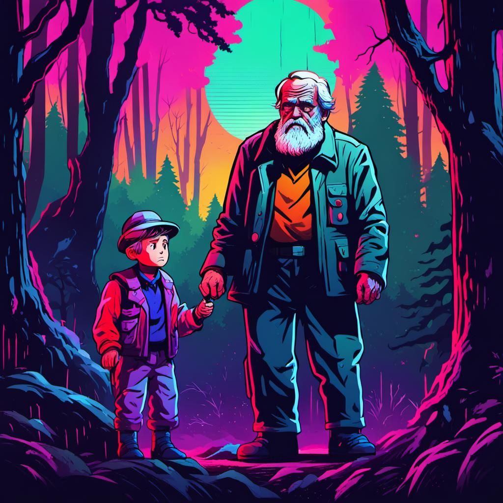 Synthwave War Scene: Boy and Optimistic Elder