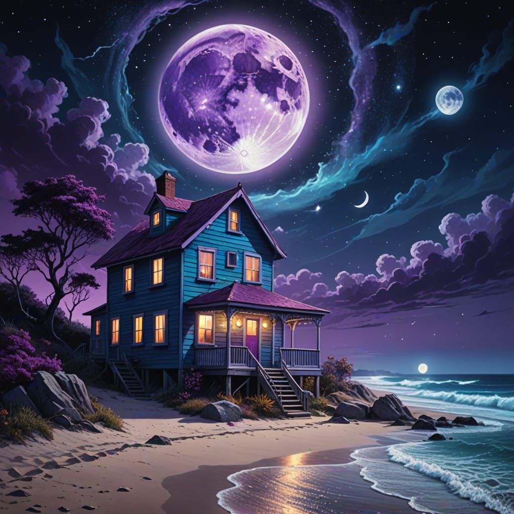 Ethereal Beach Cottage Under Spooky Cosmic Moon