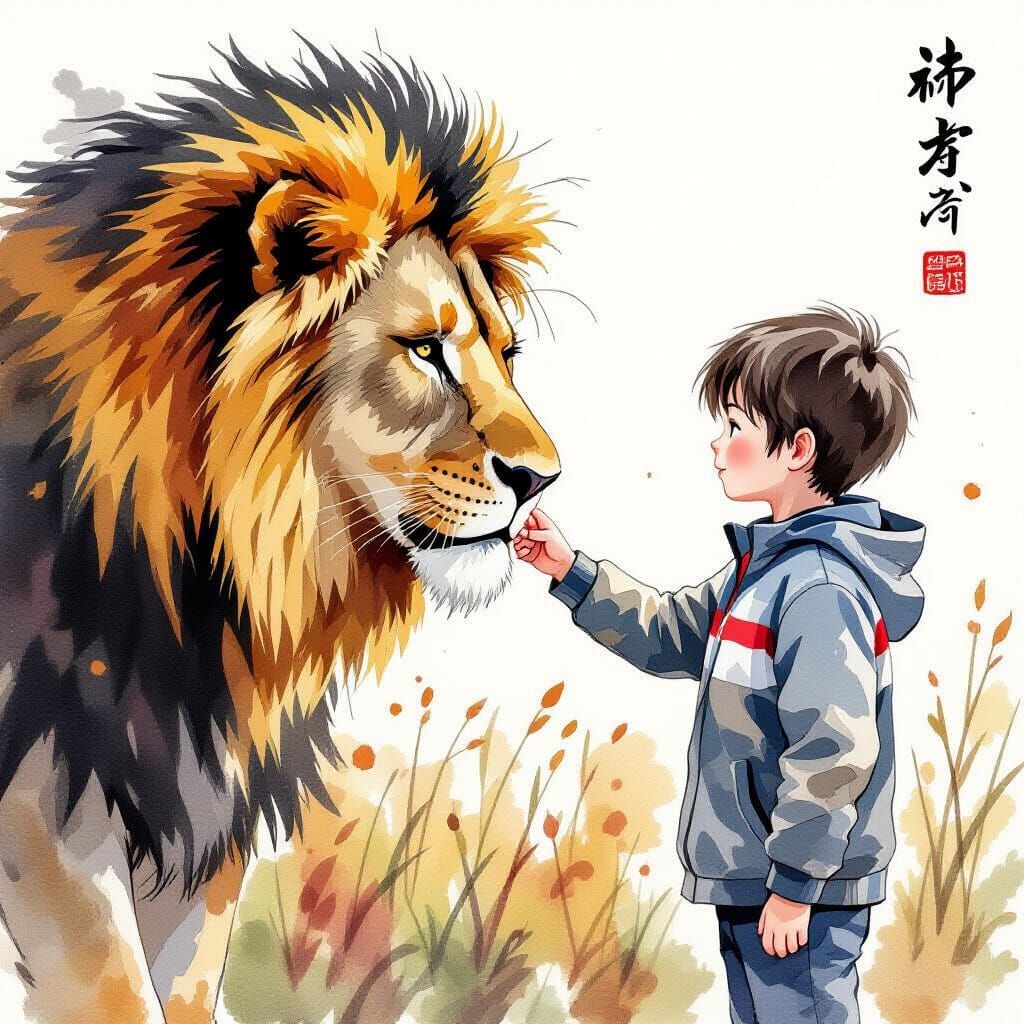 Boy and Lion in Ink Painting Style