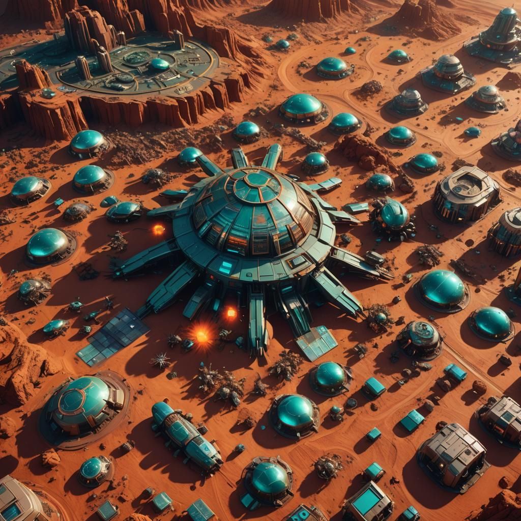 Futuristic Mars Buildings Surrounded by Beetles