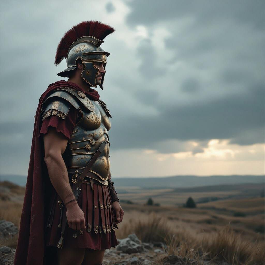 Stoic Roman Legionary on Windswept Battlefield