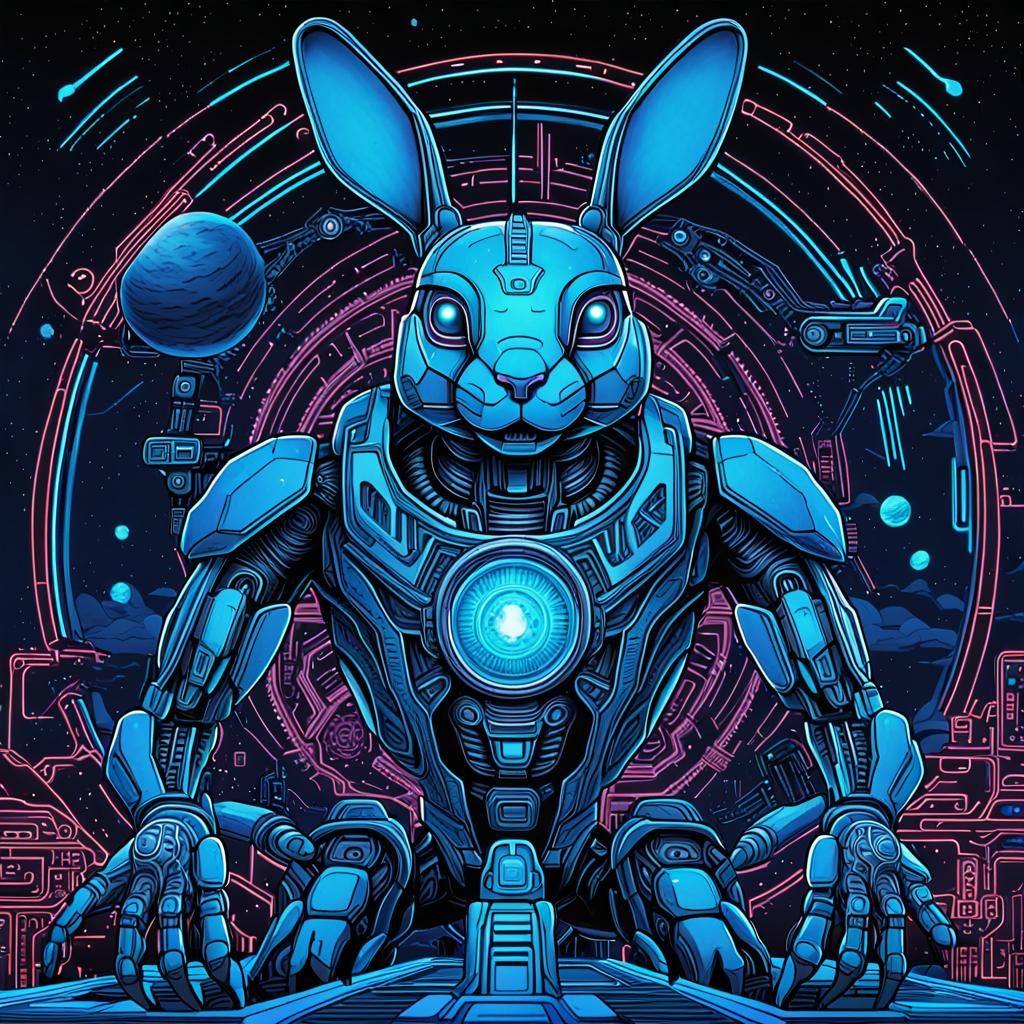 Blue Alien Rabbit in Biomechanical Mecha, Sci-Fi Art