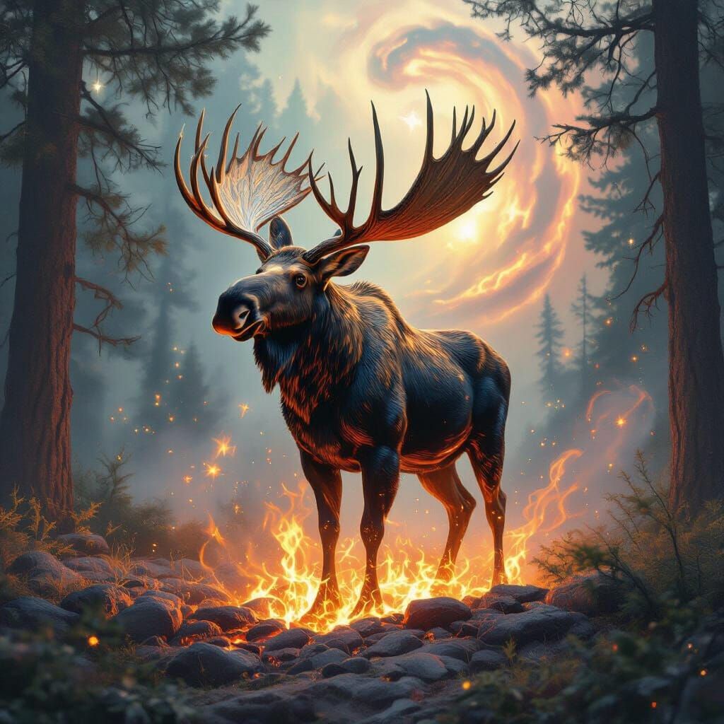 Majestic Moose Rising from Embers in Hyperrealistic Forest