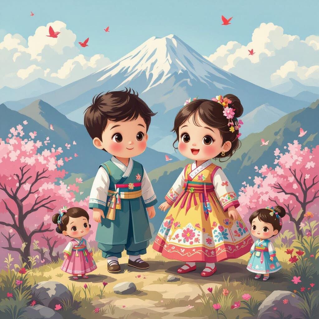 Adorable Korean Babies on Mountain with Pink Trees