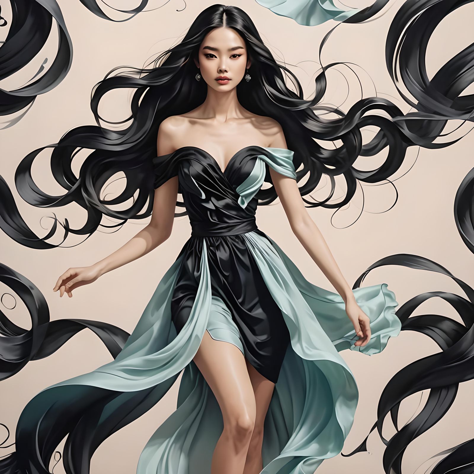 Calligraphic Beauty in Silk Dress