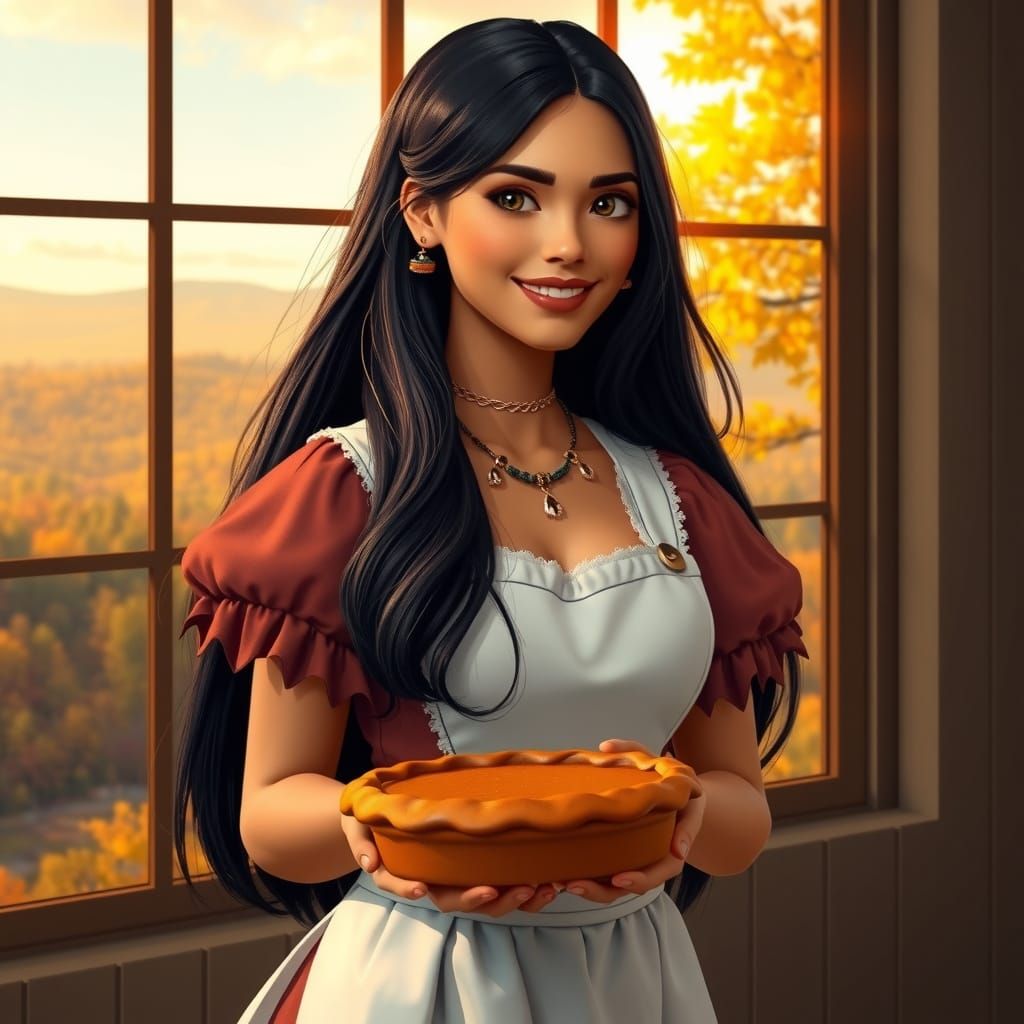 Pocahontas in Autumn Landscape with Pumpkin Pie