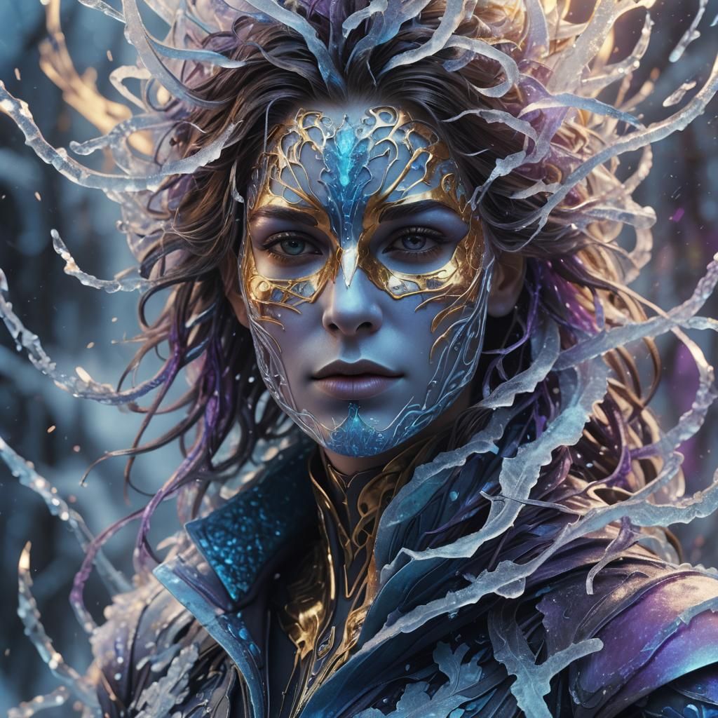 Masked Figure in Frost, Hyper-Realistic Digital Art