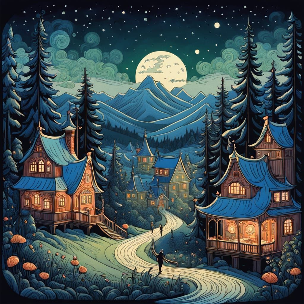 Whimsical Folk Tale Nightscape in Traditional Art Style