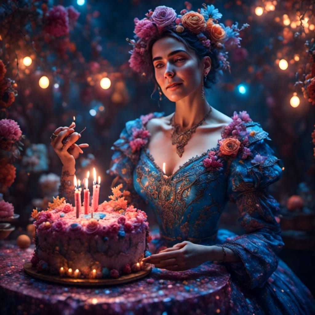 Voluptuous Woman Holding Birthday Sign in Hyperreal Style