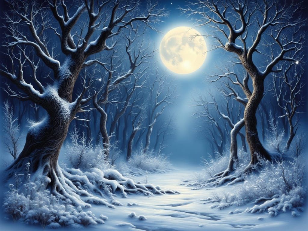 Full Moon Illuminates Snow-Covered Ancient Forest
