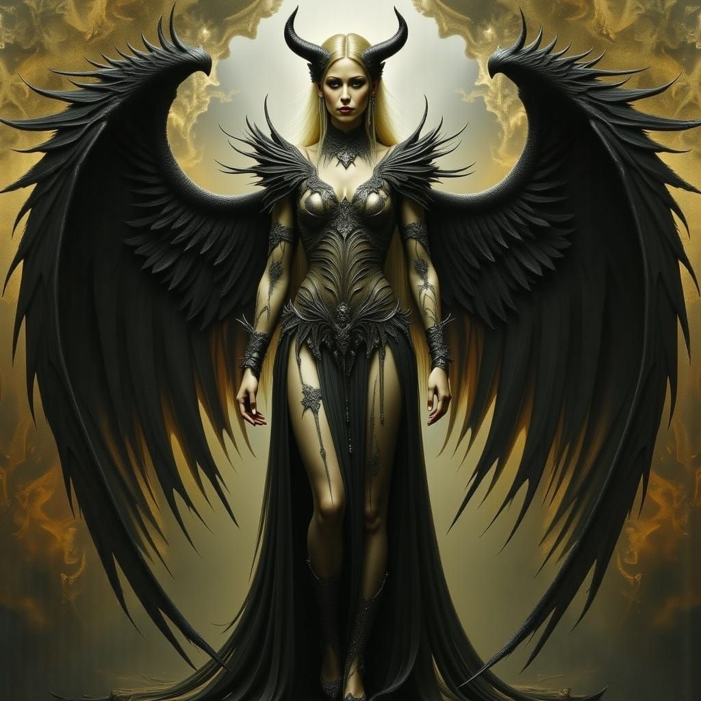 Surreal Goddess Enveloped by Dark Angel Wings