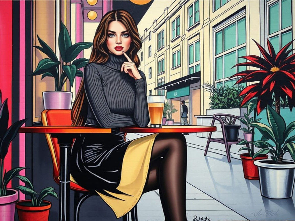 Vibrant Mural of a Thoughtful Café Scene in Neon Hues