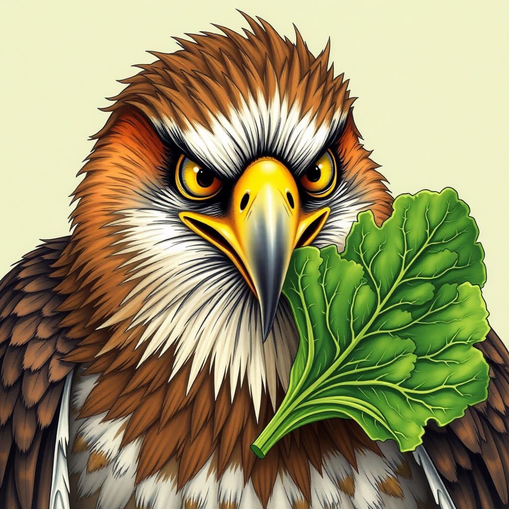 Regal Bird of Prey Startled by Kale Lettuce