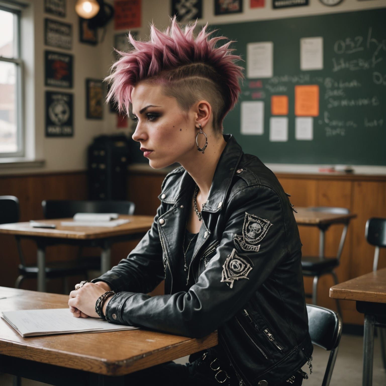 Punk Rocker Girl Sitting Proudly in a Classroom