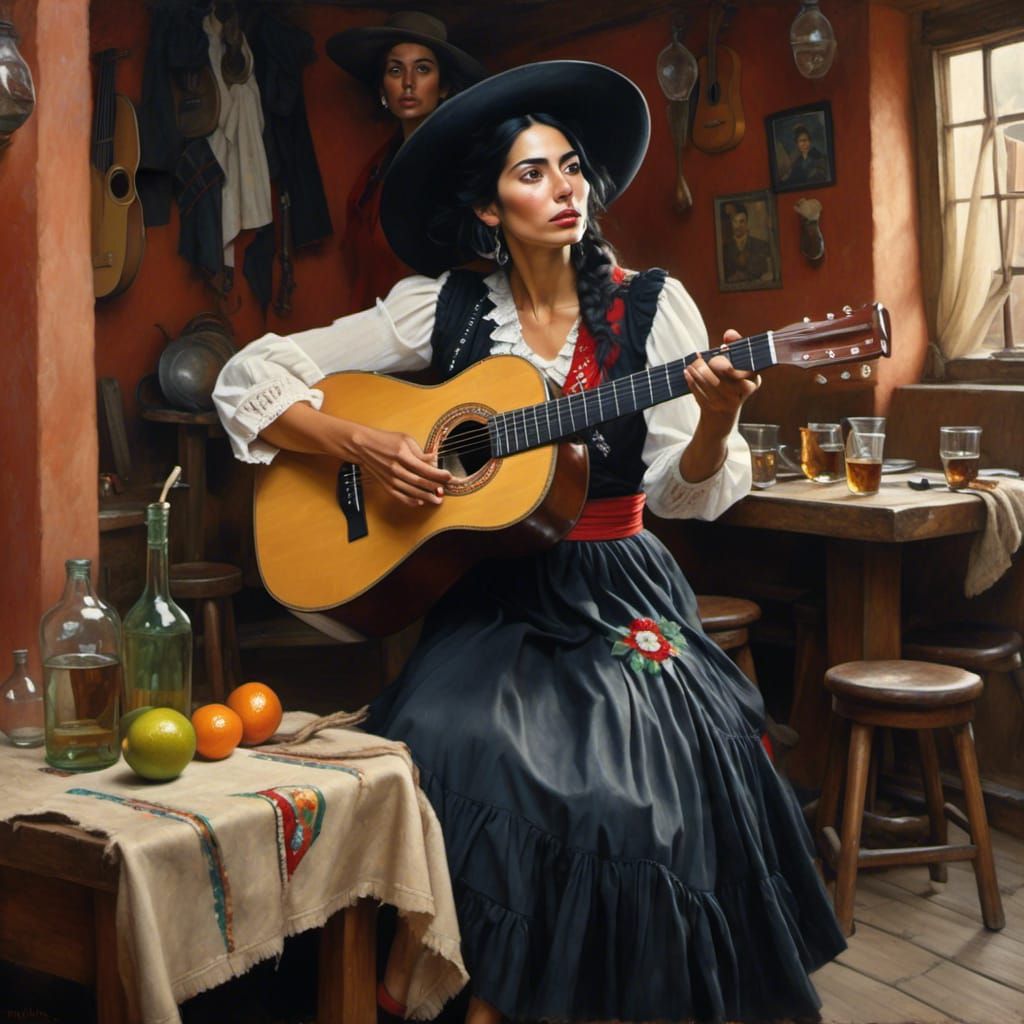 Mexican Revolutionary Woman Singing in Cantina