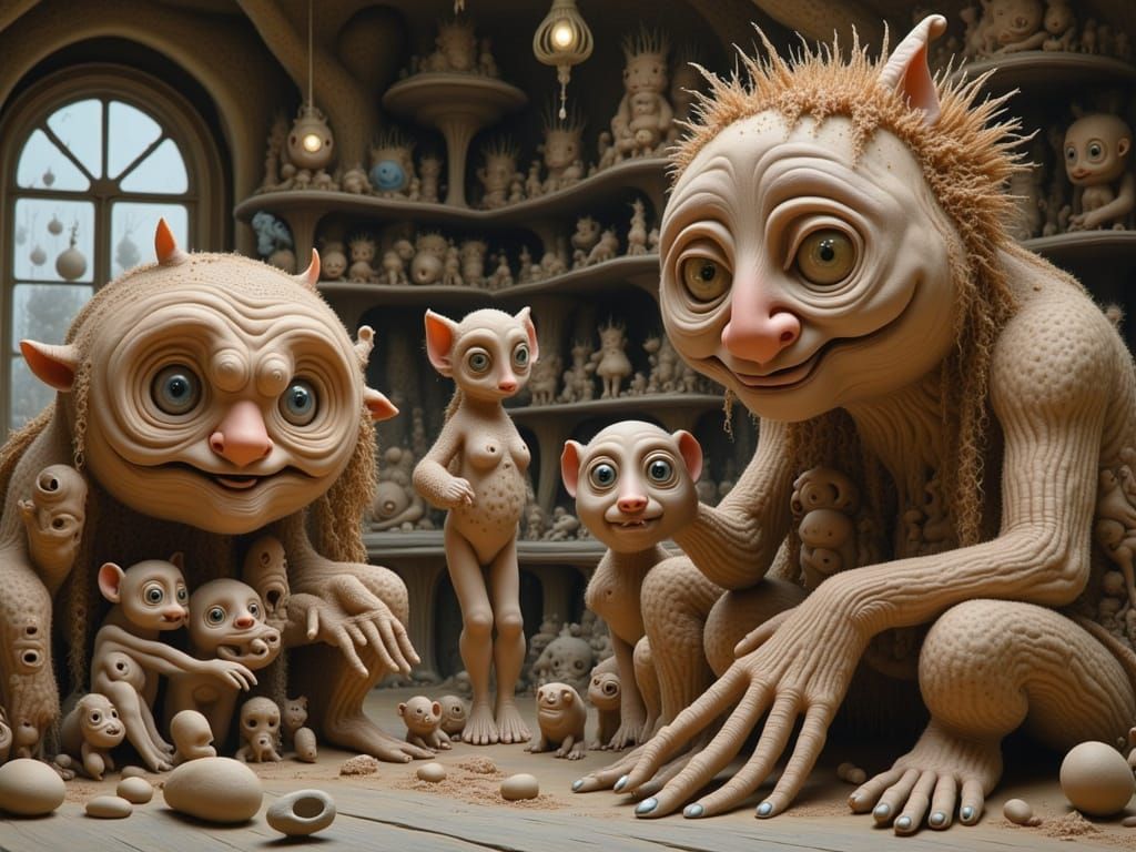 Whimsical Troll Sculptors in a Cinematic Studio