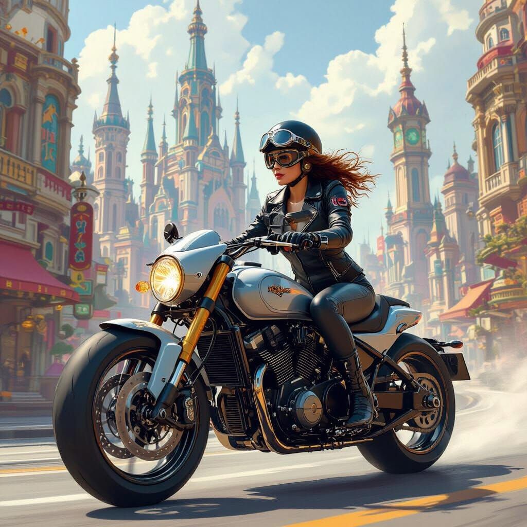 Woman on Motorcycle in Futuristic Fantasy City