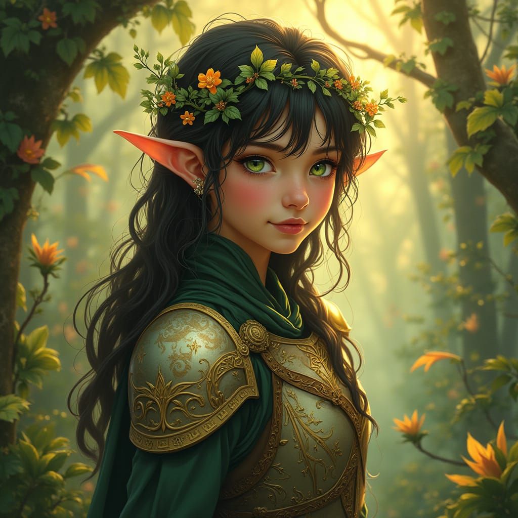 Ethereal Elf Maiden in Art Nouveau Armor, Surrounded by Myst...