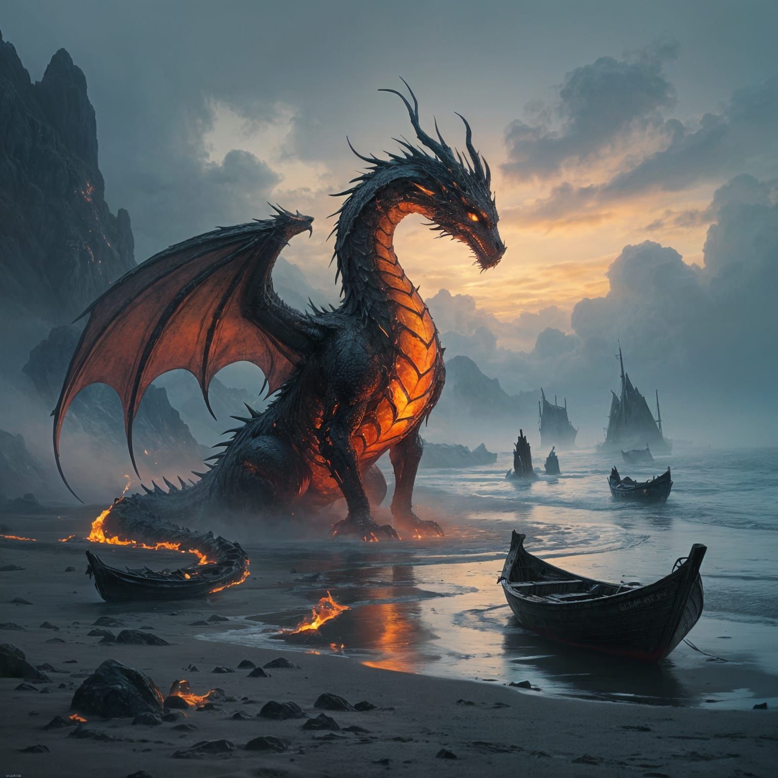 Molten Lava Dragon on Foggy Beach at Twilight