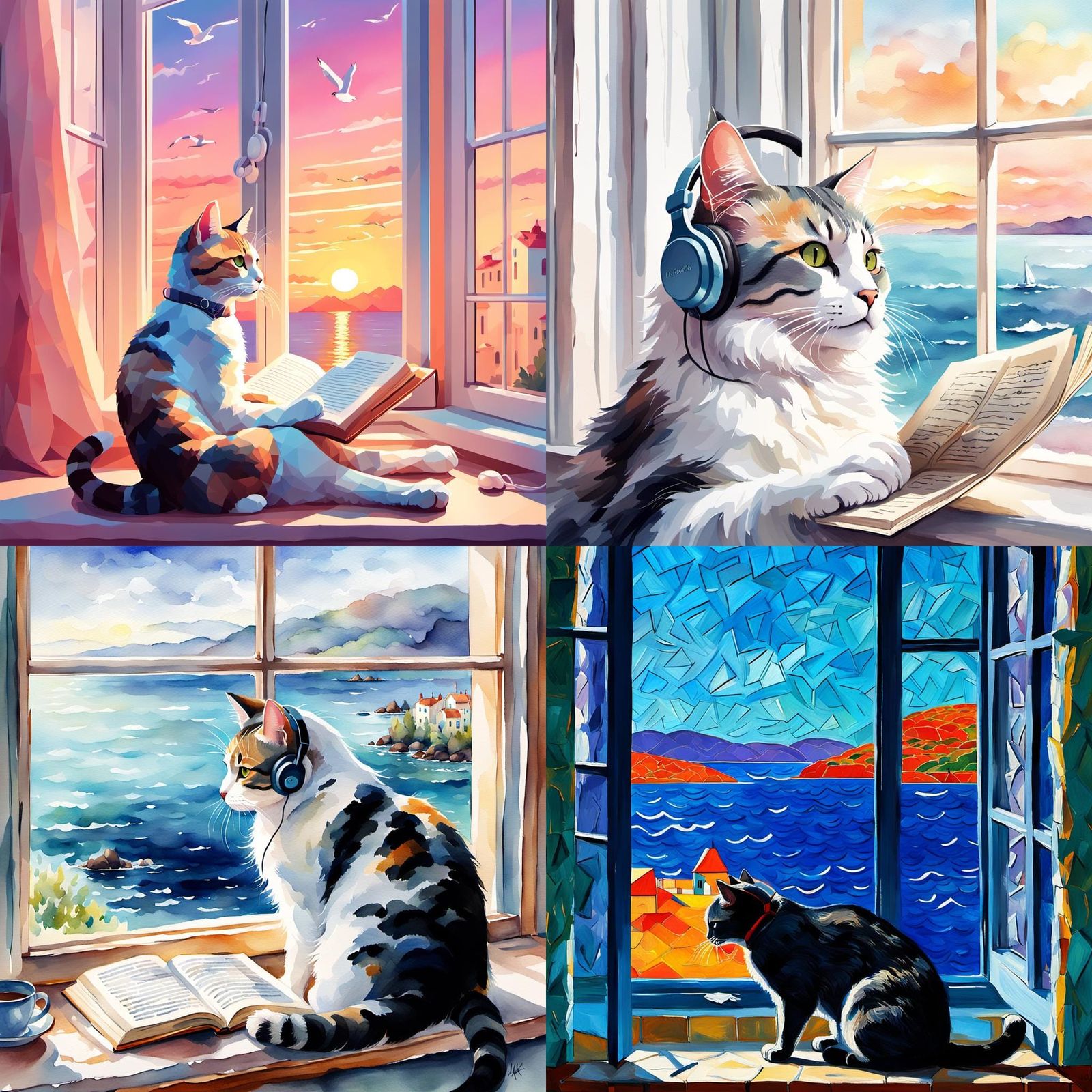 Cat Reading by Seaside Window with Headphones