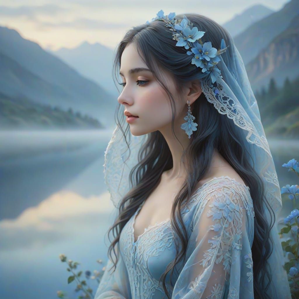 Dreamlike Oil Painting of Serene Woman in Blue Veil