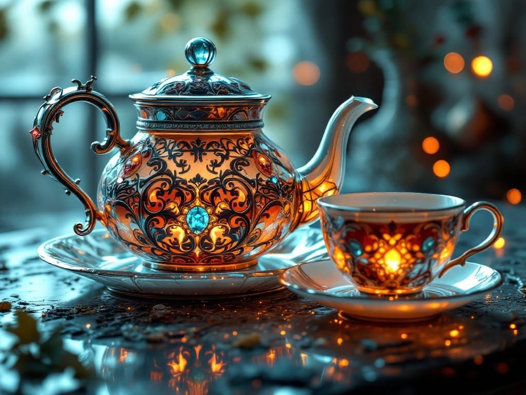 Luxurious Glass Teapot in Ethereal Fantasy Setting