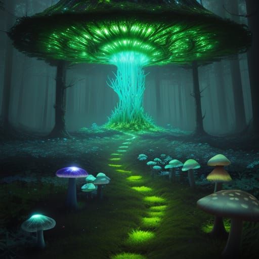 Enchanted Forest with Glowing Mushrooms and Ethereal Light