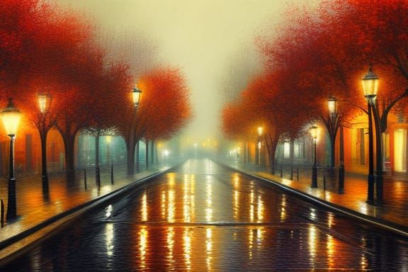 Victorian Village in Rain as Oil Painting