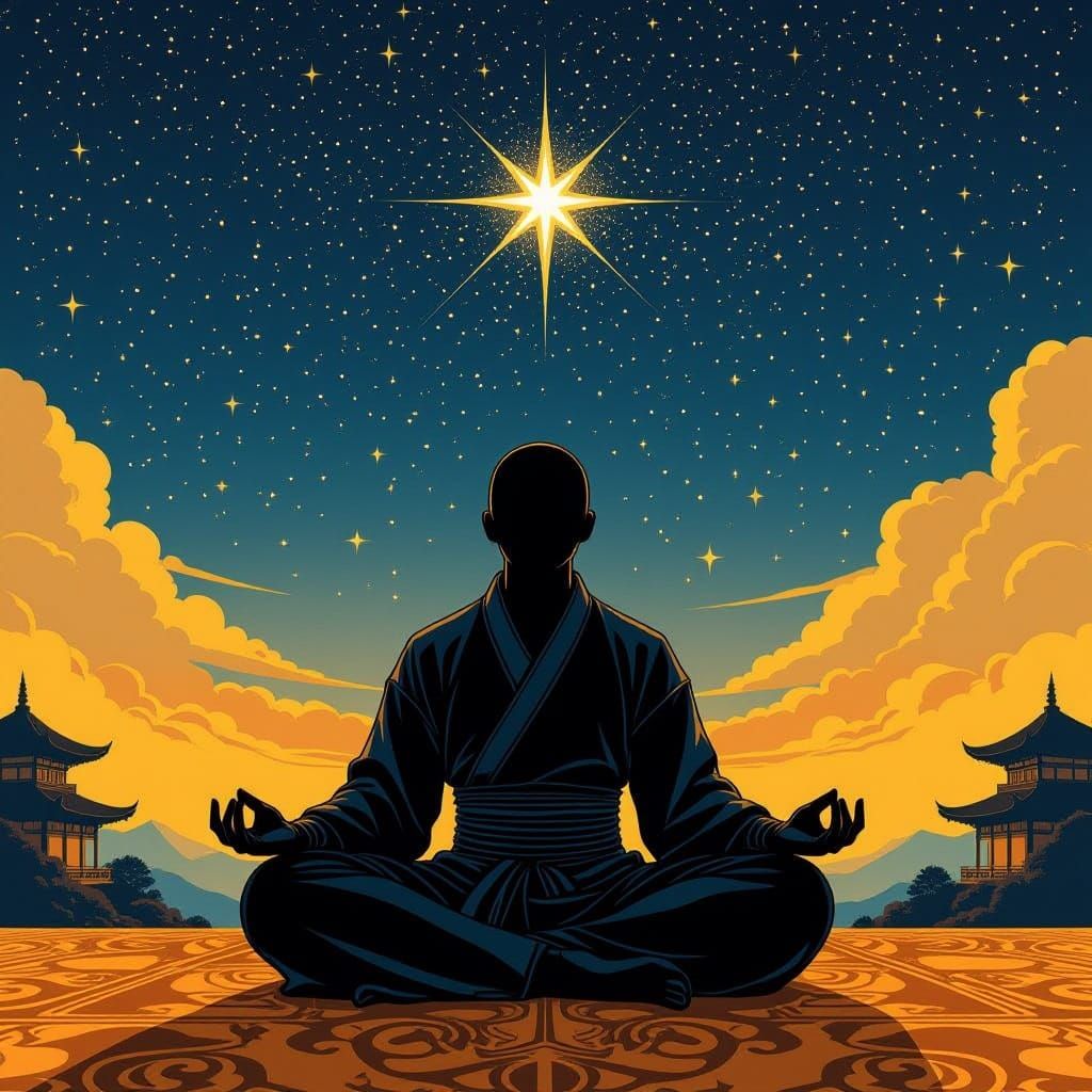 Masterful Surrealist Ninja Meditating Under Starry Night Sky