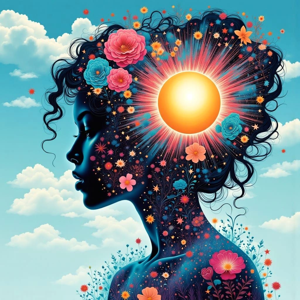 Vibrant Woman Embraces Whimsical Fantasy Landscape