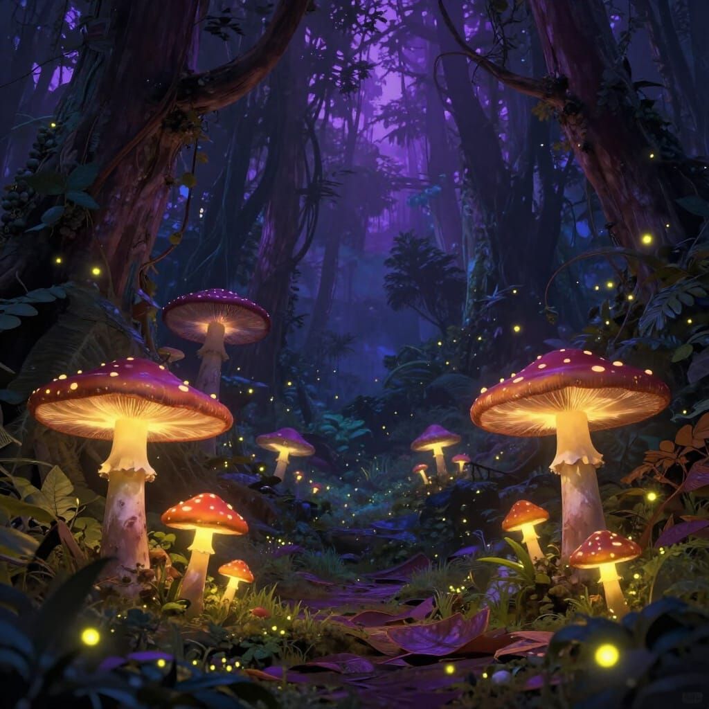 Glowing Jungle Mushrooms with Fireflies in Dark Fantasy Styl...