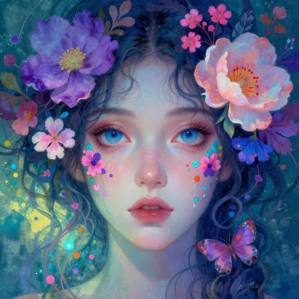 Fantastical Portrait of Woman with Flowers in Hair