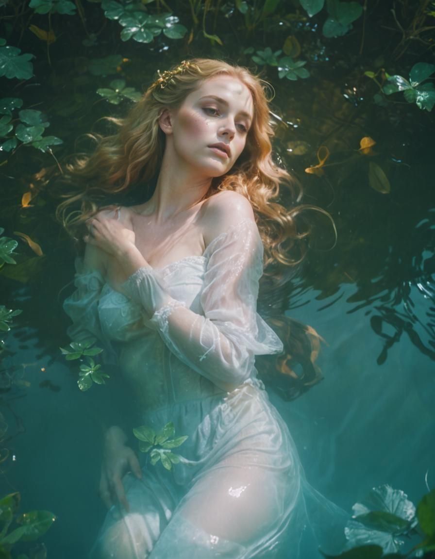 Ophelia Floats in Water Surrounded by Foliage