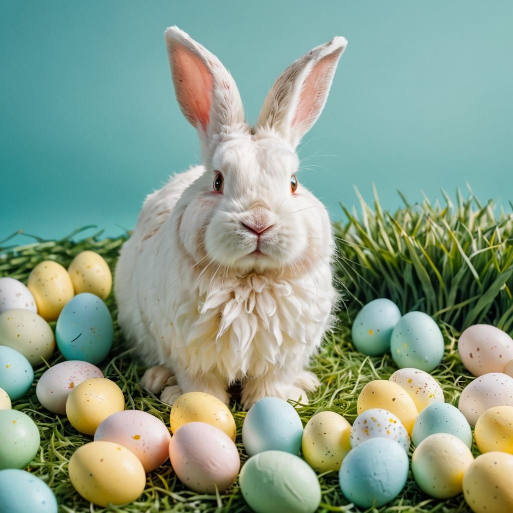 Fluffy White Bunny with Pastel Easter Eggs