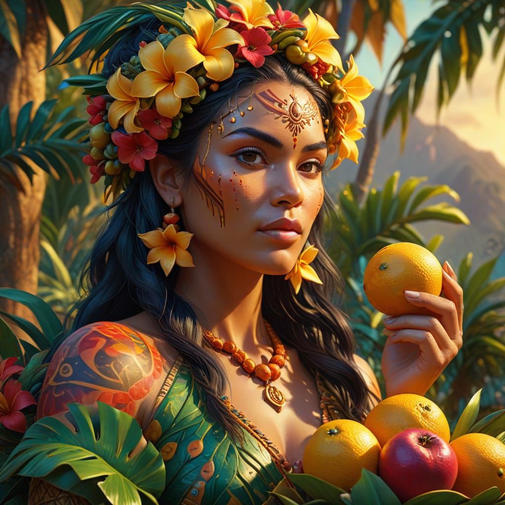 Polynesian Sorceress with Tropical Fruits in Vibrant Oil Pai...