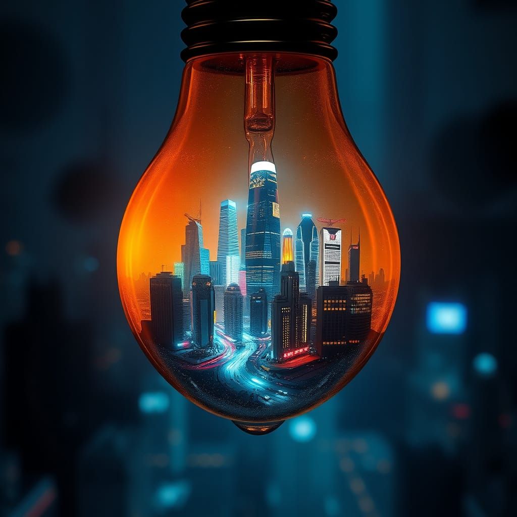 Glowing Cityscape in a Light Bulb, Illuminated from Within
