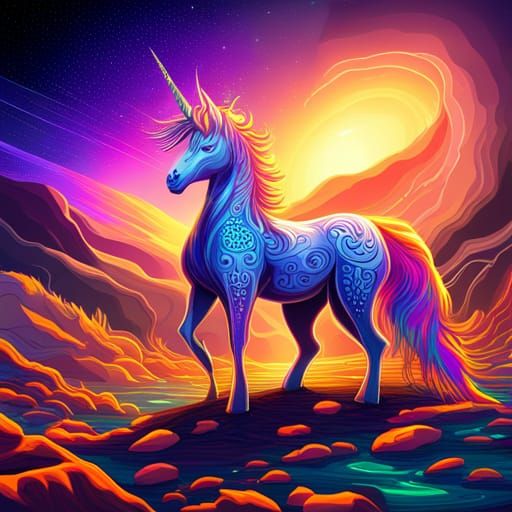 Hyperdetailed Cosmic Unicorn with Sign in Fractal Style