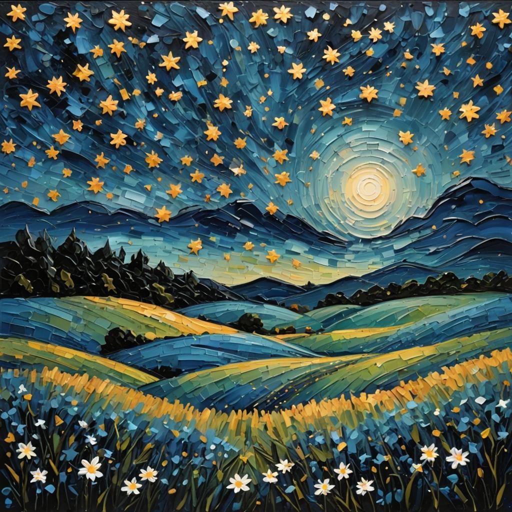 Impasto Summer Night Landscape with Metal Stars