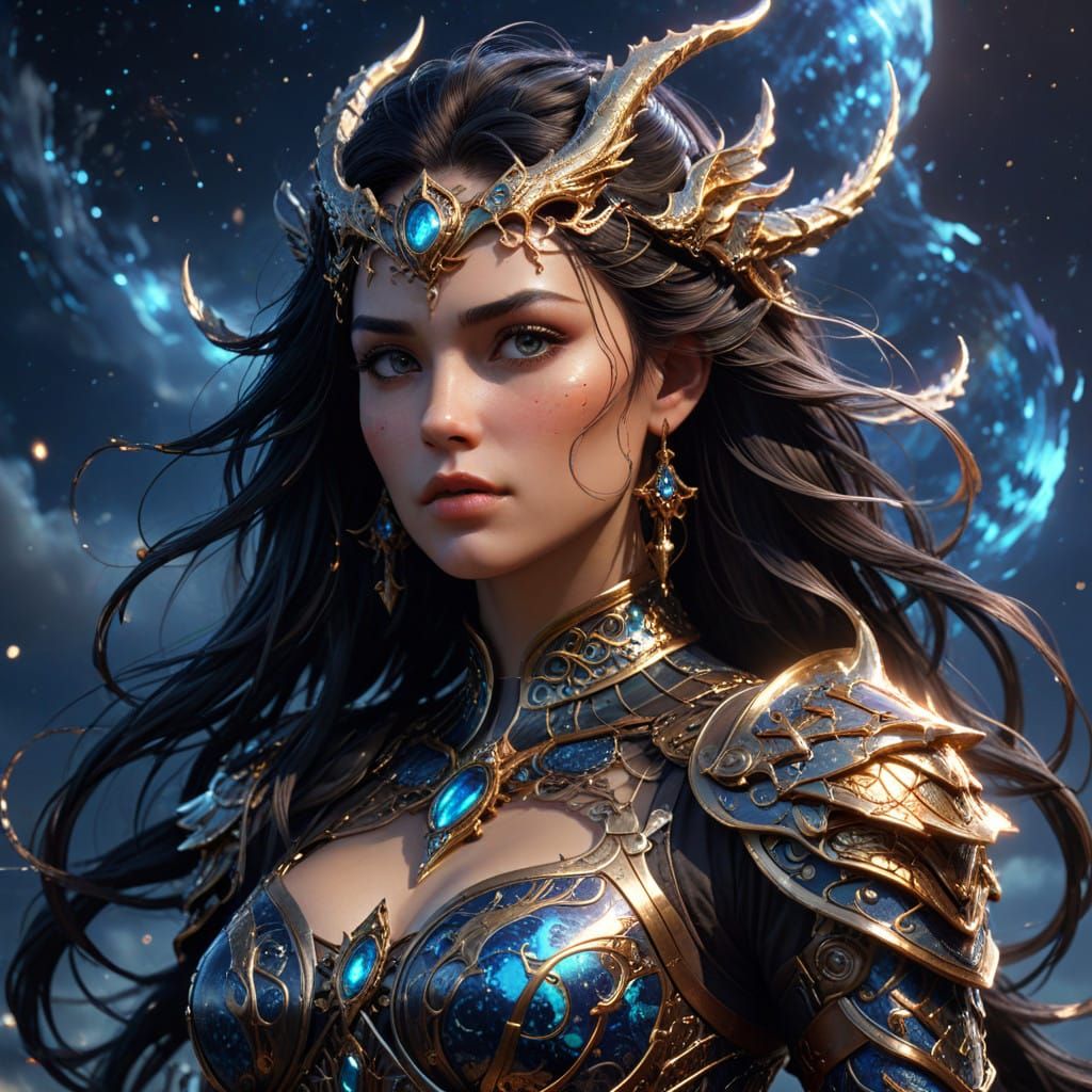 Glowing Cyborg Pirate Goddess under Starry Night Sky