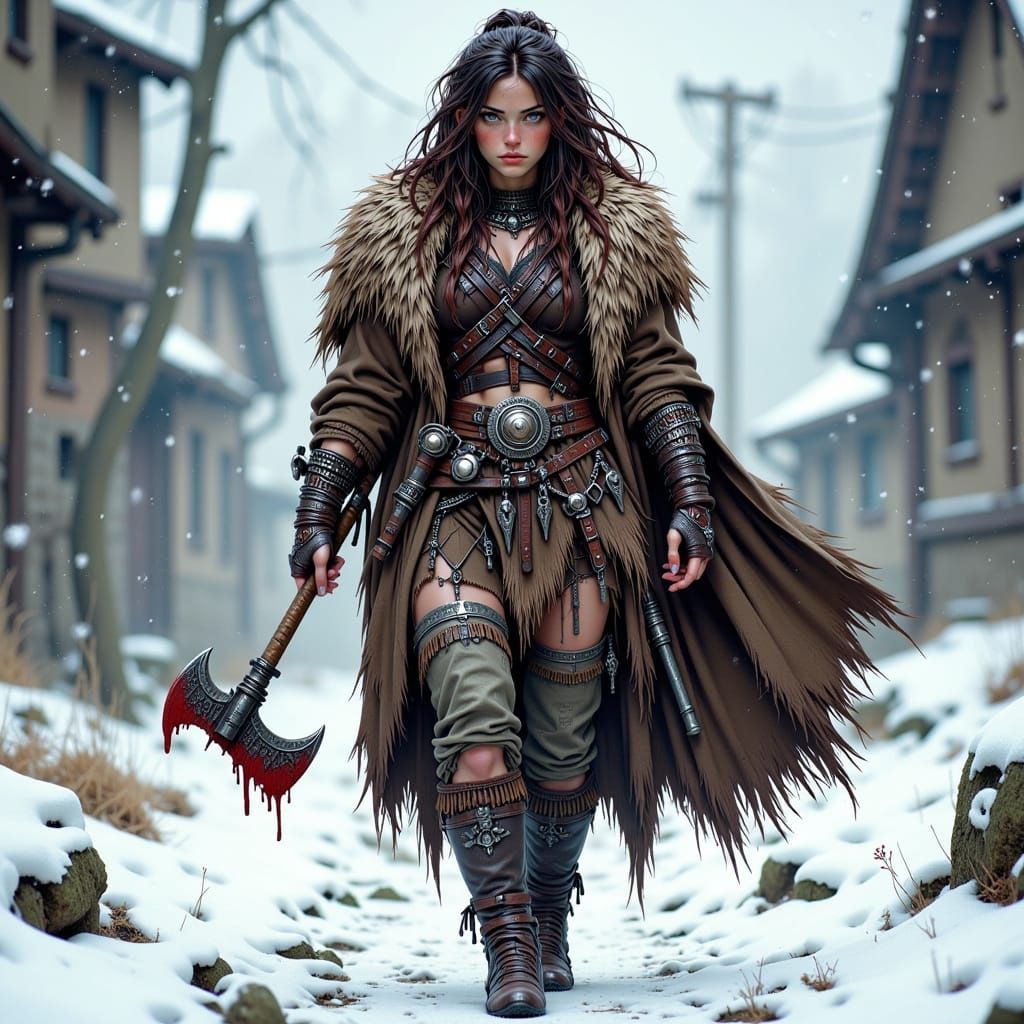 Imposing Barbarian Woman in Snowstorm