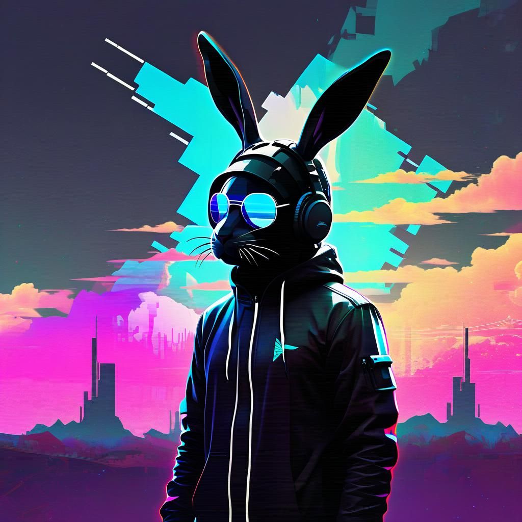 Aetherpunk Book Cover with Bunny in Glitchcore Style