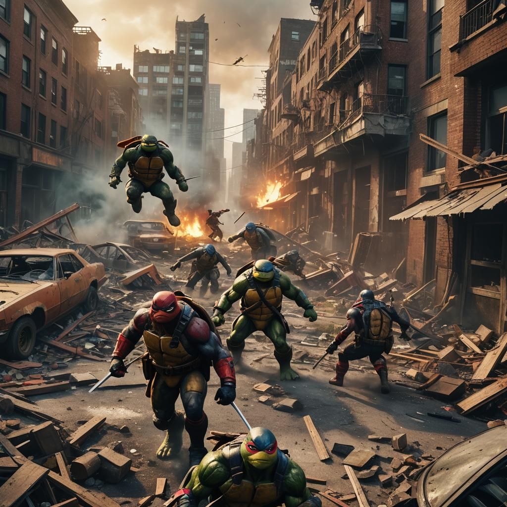 Ninja Turtles, Deadpool, and Wolverine Epic Battle
