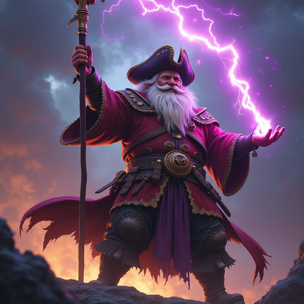 Dwarf Pirate Casting Magic Thunder in Dark Fantasy Art
