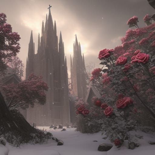 Cathedral Roses in Snow: Detailed Matte Painting
