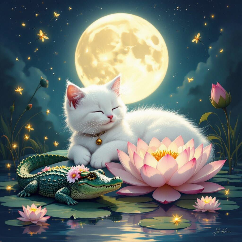 Gigantic Kitten and Crocodile Under Moon in Dreamlike Scene