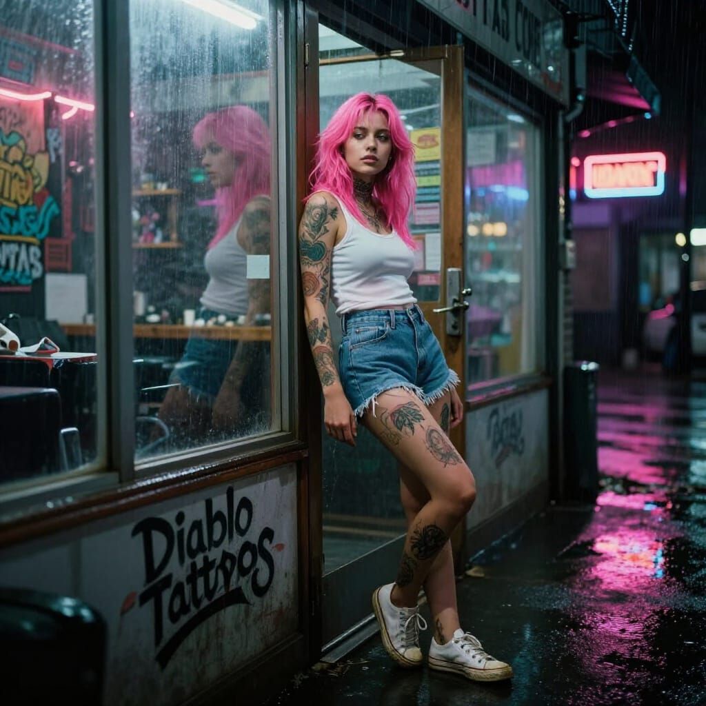 Neo-Noir Tattoo Studio Scene with Pink-Haired Woman