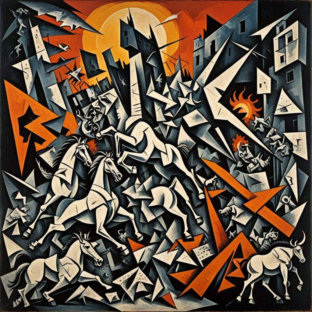 Cubist Chaos: Turbulent Scene with Horse, Bull, and Men Unde...