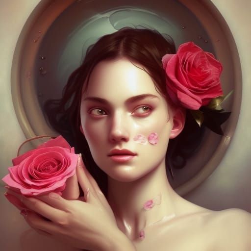 milk bath, roses, implied, woman, full body portrait, 8k resolution concept art portrait by Greg Rutkowski, Artgerm, WLO...